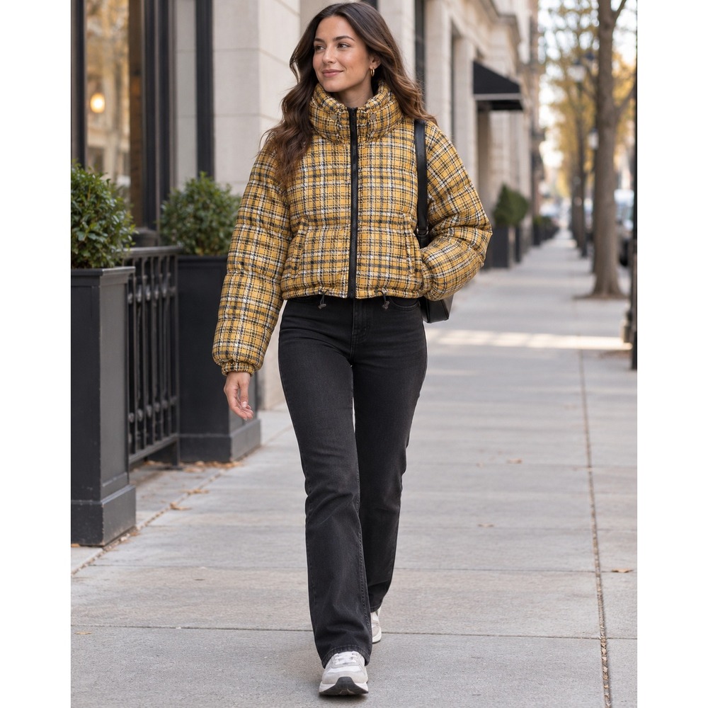 PrettyLittleThing Yellow Plaid Cropped Puffer Jacket Funnel Neck Streetwear